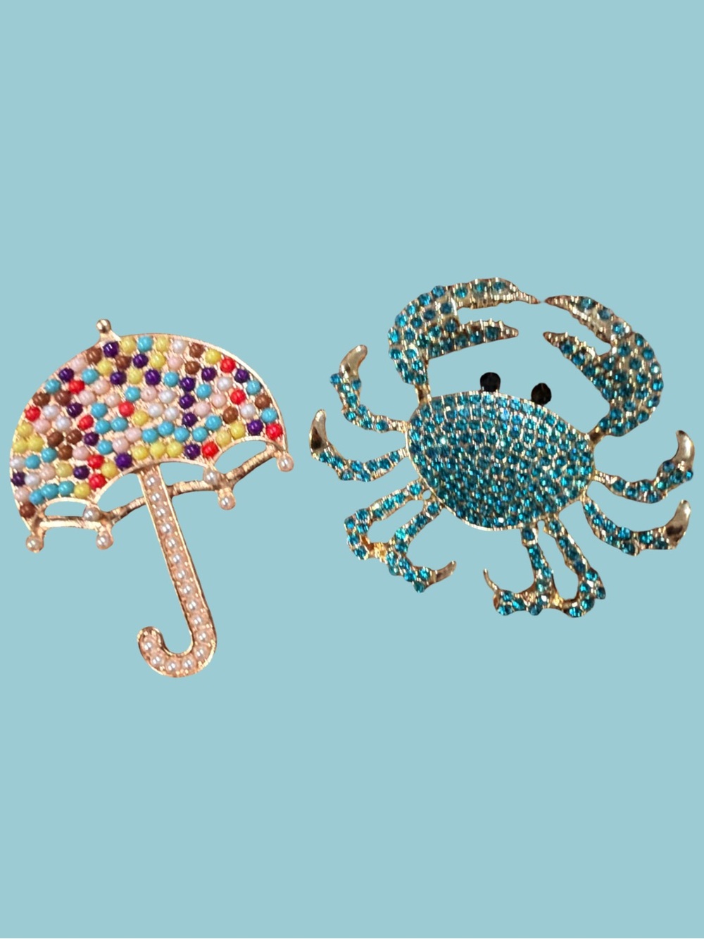 Multicolor Umbrella & Blue Crab Rhinestone Pin Set